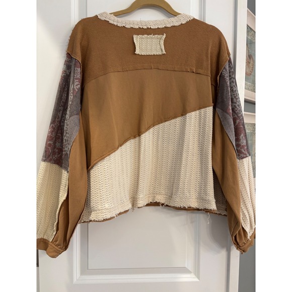 POL Peace Sign Patchwork Sweatshirt Boho Mixed Media Top Brown Size Small - Picture 3 of 6